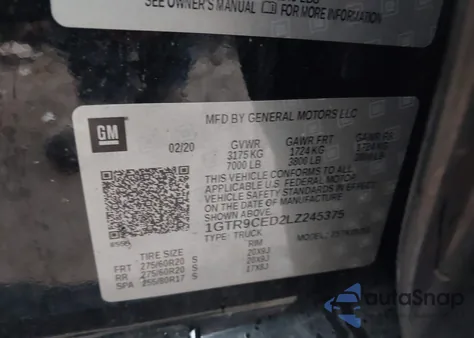 2020 GMC Sierra 1500 4Wd Standard Box Elevation из США, поврежденный, VIN 1GTR9CED2LZ245375